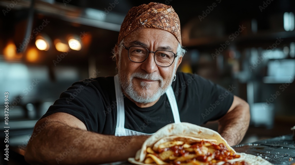 This image features a cheerful chef in a headscarf proudly presenting a hearty wrap, highlighting the themes of warmth and culinary delight in a cozy setting. This image features a cheerful chef in a headscarf proudly presenting a hearty wrap, highlighting the themes of warmth and culinary delight in a cozy setting.