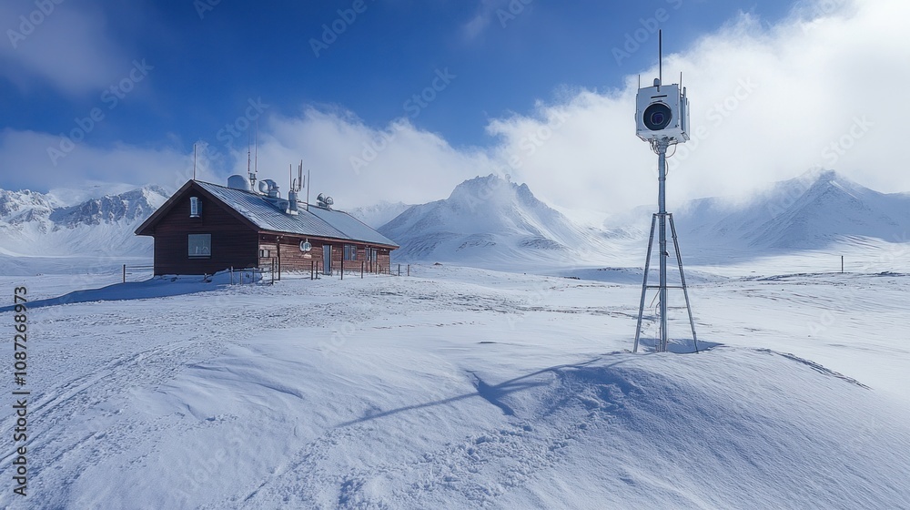 A remote research station surveys high-altitude weather, equipped with cameras, amidst tranquil snow-covered peaks and a bright sky. A remote research station surveys high-altitude weather, equipped with cameras, amidst tranquil snow-covered peaks and a bright sky.