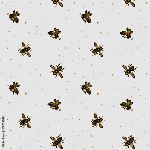 Light background with bees.Vector seamless pattern with golden bees on a light background.