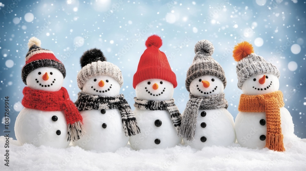 Five cheerful snowmen in colorful hats and warm scarves stand proudly in a snowy landscape, creating a joyful scene perfect for winter celebrations and holiday cheer with family and friends