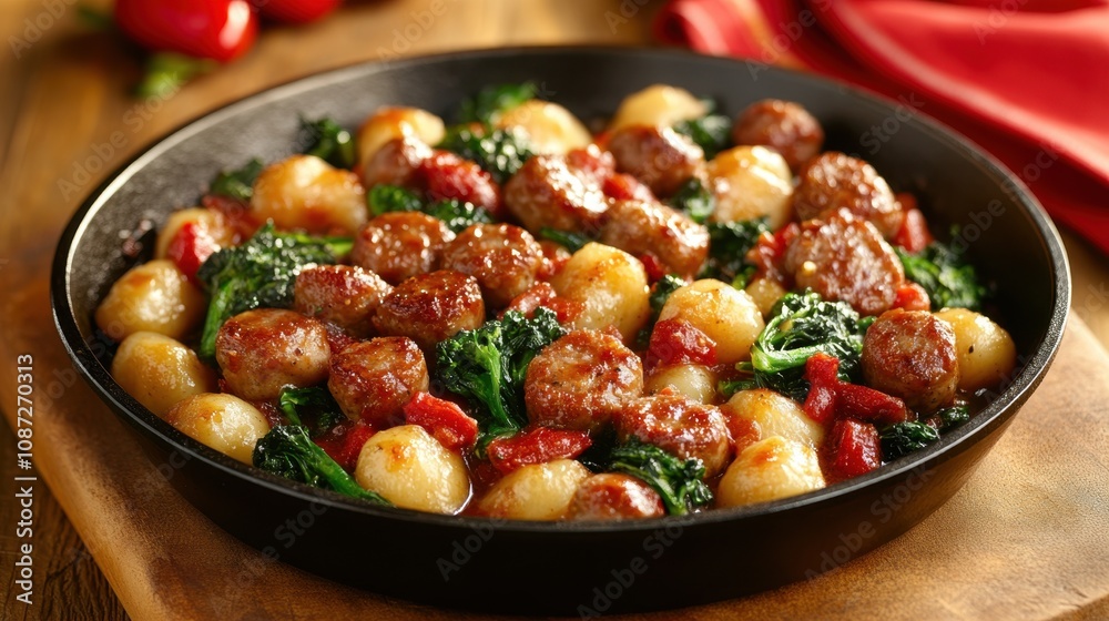 Savory dish with sausage and gnocchi with spinach and roasted peppers in a rustic skillet Savory dish with sausage and gnocchi with spinach and roasted peppers in a rustic skillet