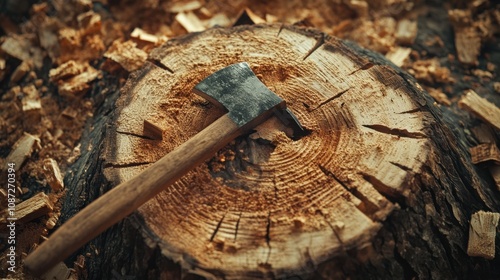 Rustic axe embedded in tree stump surrounded by wood chips for lumberjack theme photo