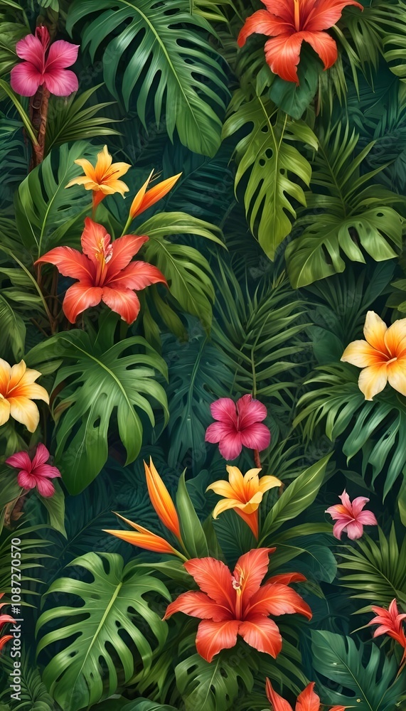 Tropical exotic pattern with animal and flowers in bright colors and lush vegetation Tropical exotic pattern with animal and flowers in bright colors and lush vegetation