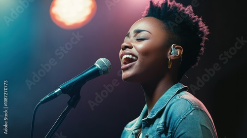 A singer passionately performing on stage with a microphone.