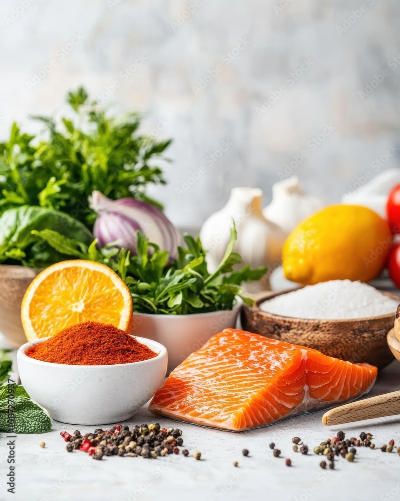 A vibrant arrangement of fresh ingredients including salmon, spices, herbs, and citrus, perfect for healthy cooking and meal preparation. A vibrant arrangement of fresh ingredients including salmon, spices, herbs, and citrus, perfect for healthy cooking and meal preparation.