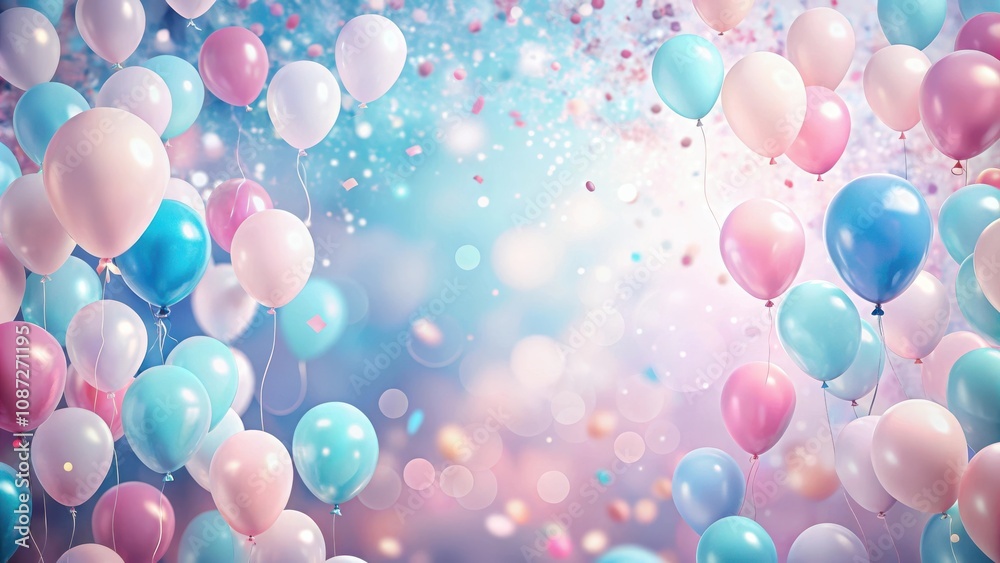 A celebration of joy and color with a myriad of pastel balloons floating amidst a backdrop of soft, shimmering lights and confetti. A celebration of joy and color with a myriad of pastel balloons floating amidst a backdrop of soft, shimmering lights and confetti.