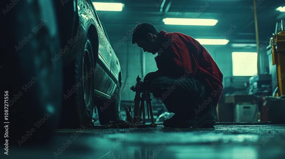 A mechanic working on a car in a dimly lit garage, focused on repairs. A mechanic working on a car in a dimly lit garage, focused on repairs.