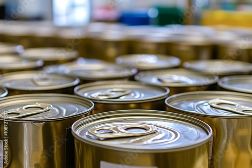 Close-up of metal food cans in a grocery warehouse photo