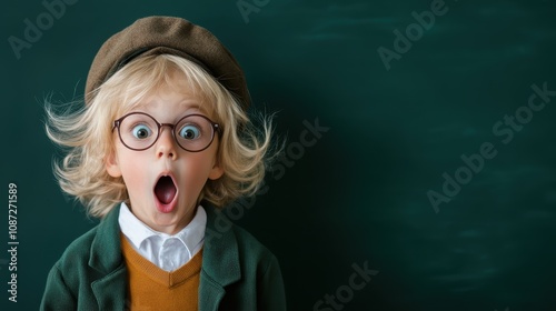 A shocked child with wide-eyed expression, wearing a brown hat and glasses, stands against a green chalkboard, conveying surprise and amusement.