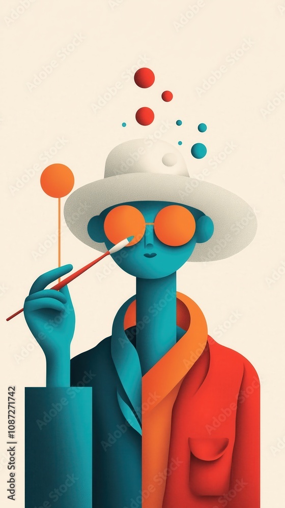 Modern abstract portrait with blue-toned figure in hat and sunglasses holding rods, featuring bold primary colors and geometric shapes Modern abstract portrait with blue-toned figure in hat and sunglasses holding rods, featuring bold primary colors and geometric shapes