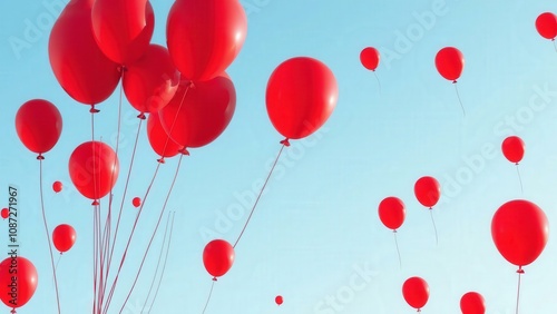 Celebrate with Vibrant Red Balloons Floating in Clear Blue Sky, Perfect for Birthdays, Parties, or Special Occasions photo