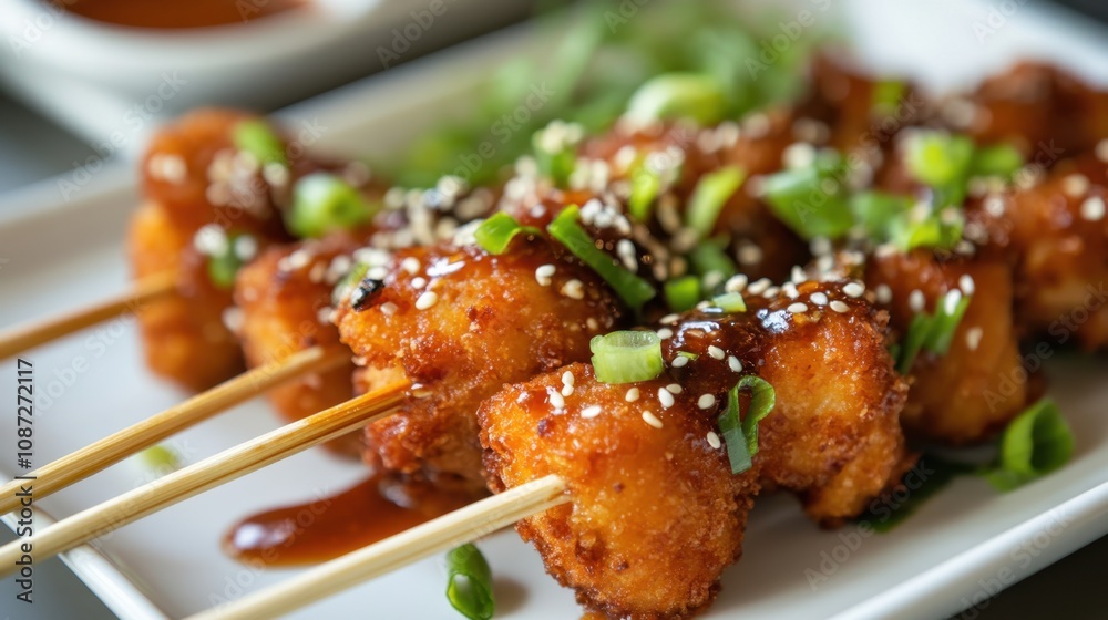 Crispy chicken skewers with sesame seeds and scallions garnished in spicy sauce Crispy chicken skewers with sesame seeds and scallions garnished in spicy sauce