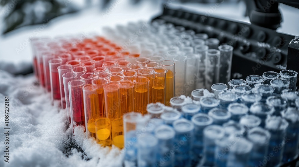 Fototapeta premium Researchers gather various colored snow samples for laboratory analysis amidst a winter wonderland, ensuring precise data collection.
