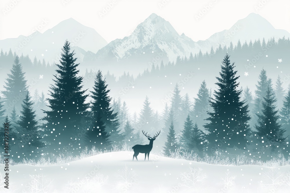 Fototapeta premium Simple vector illustration of snowy forest with pine trees and deer in muted green, light gray gradient background with falling snowflakes, winter fantasy scene.