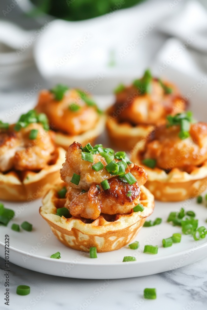 Mini Chicken and Waffles Savory chicken waffle bites garnished with chives for gourmet appetizers at party events Mini Chicken and Waffles Savory chicken waffle bites garnished with chives for gourmet appetizers at party events