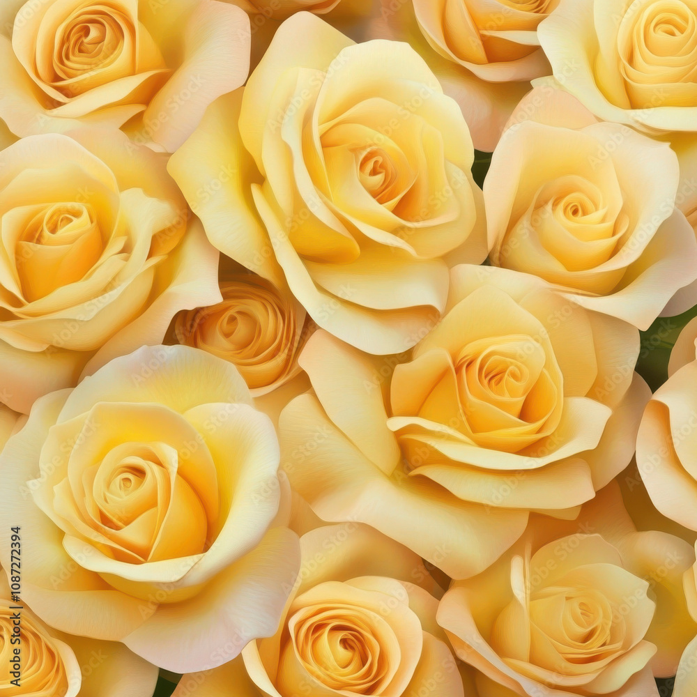 Beautiful deep yellow roses create stunning floral display, filling frame with vibrant petals and intricate details, evoking sense of warmth and joy