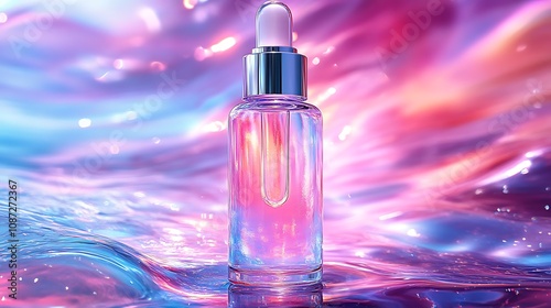 Glass dropper bottle with iridescent liquid on vibrant background.