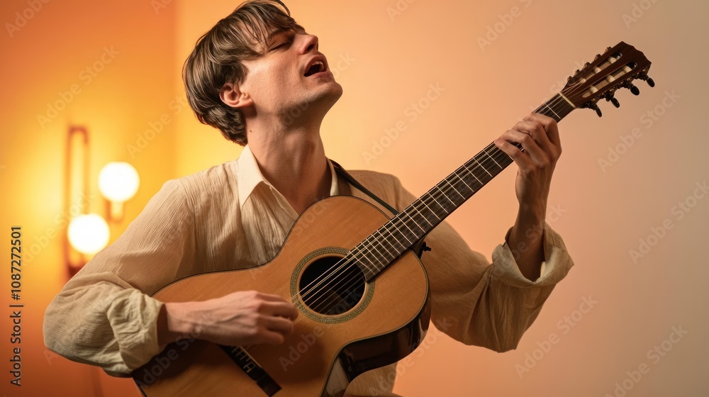 Naklejka premium A musician passionately playing guitar in a cozy setting.