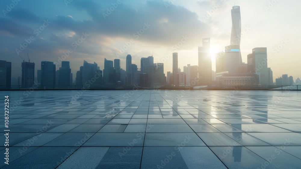 Empty square floor with city skyline background, City skyline in monochrome elegance, timeless black and white urban panorama Empty square floor with city skyline background, City skyline in monochrome elegance, timeless black and white urban panorama