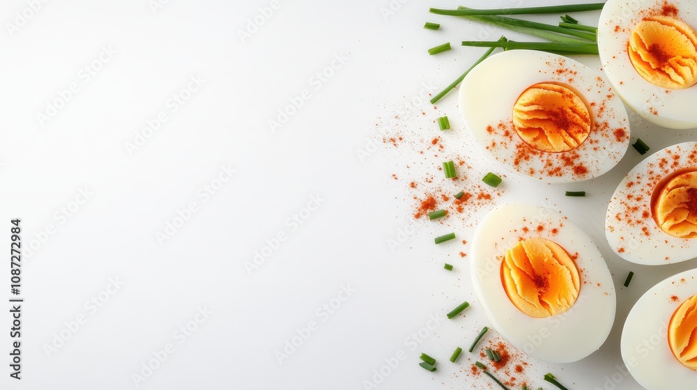 A close-up of sliced hard boiled eggs garnished with vibrant paprika and fresh chives on a white background, showcasing a delightful and simple snack option. A close-up of sliced hard boiled eggs garnished with vibrant paprika and fresh chives on a white background, showcasing a delightful and simple snack option.