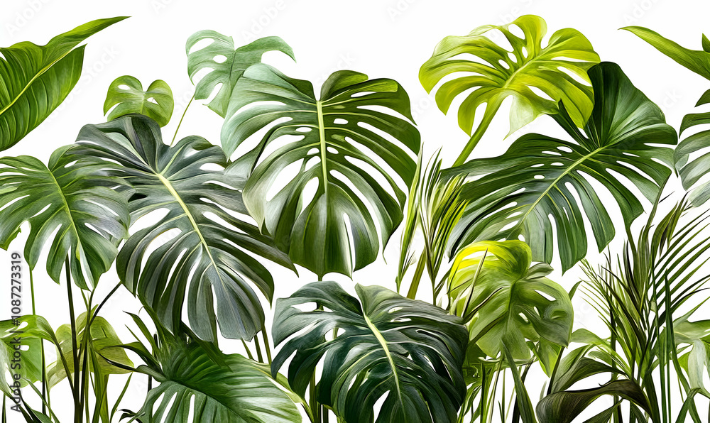 Obraz premium Lush tropical foliage, vibrant green monstera deliciosa leaves, exotic plants, botanical illustration, jungle aesthetic, perfect for wallpaper or print.