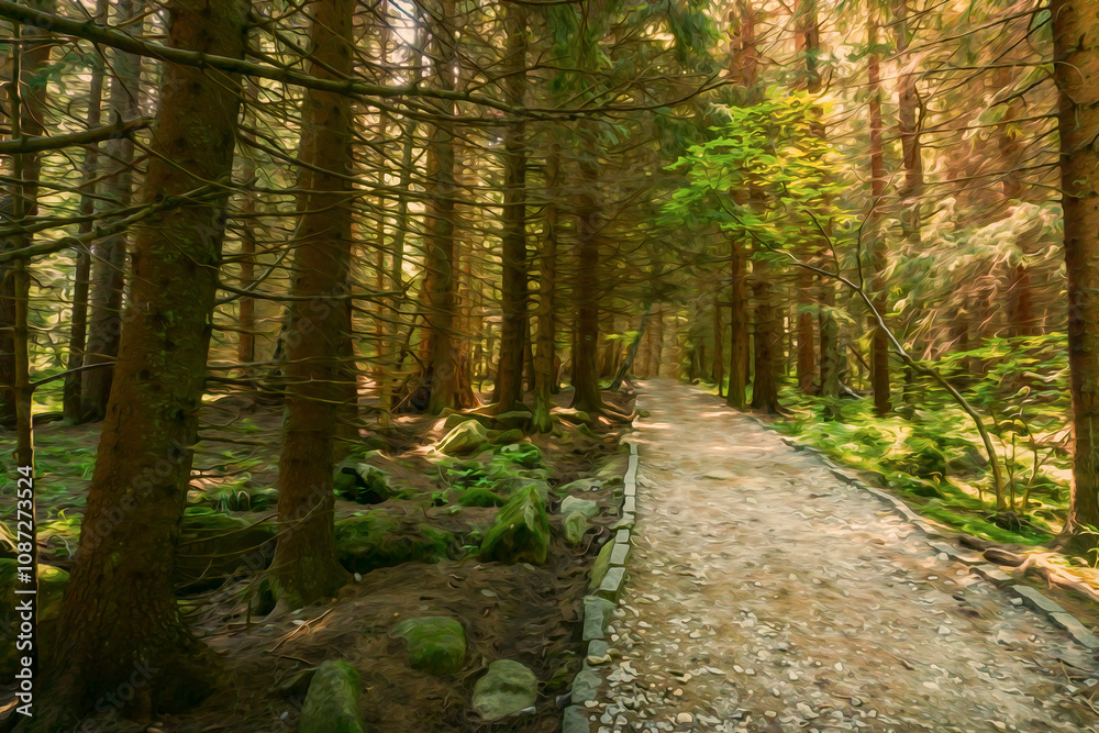 Fototapeta premium summer scene of a pine forest and a road with sunlight coming through the trees, digitally painted photo
