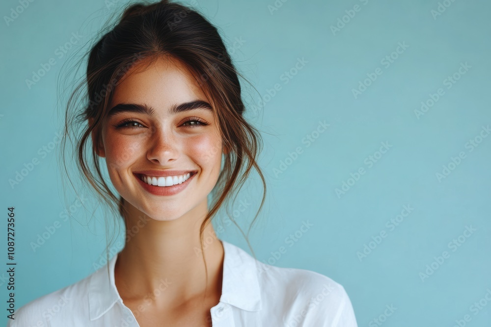 A Cute Caucasian woman with a radiant smile and white shirt stands confidently against a turquoise background, her charm and beauty shining through. A Cute Caucasian woman with a radiant smile and white shirt stands confidently against a turquoise background, her charm and beauty shining through.