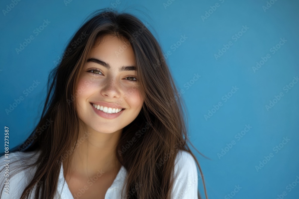 Smiling brightly, a Caucasian woman in a white shirt poses confidently against a turquoise backdrop, highlighting her charm and beauty. Smiling brightly, a Caucasian woman in a white shirt poses confidently against a turquoise backdrop, highlighting her charm and beauty.