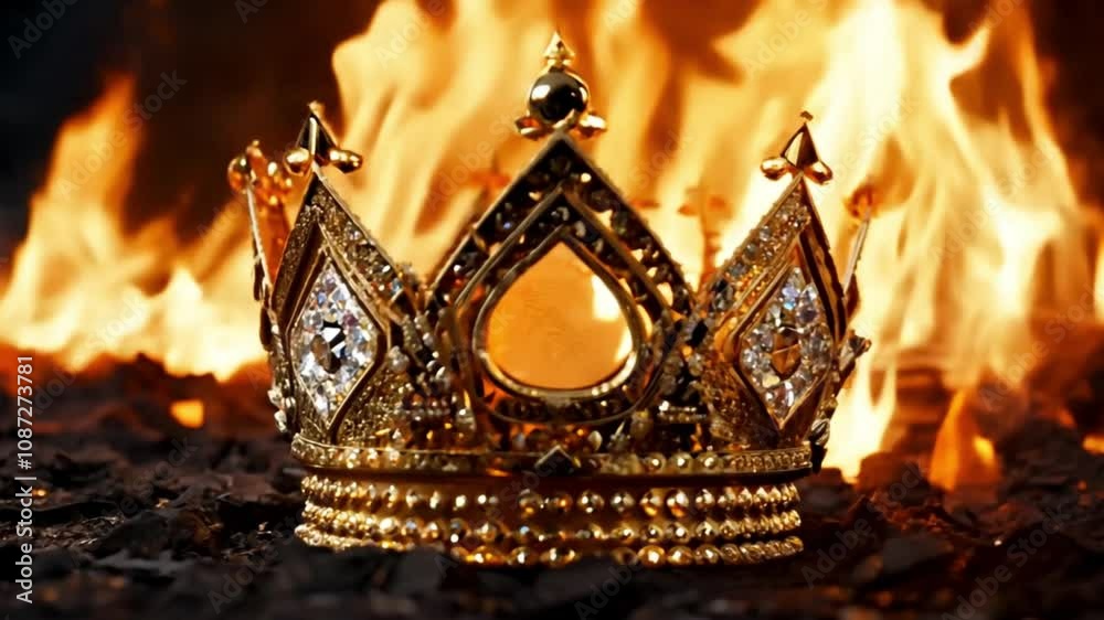 Royal crown engulfed in flames, symbolizing power, leadership, and the dramatic rise and fall of authority.
