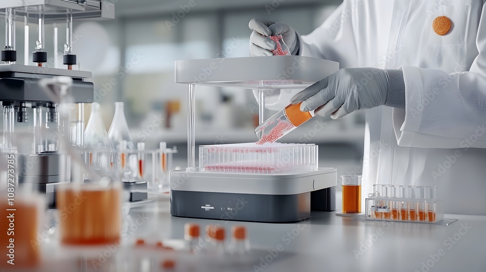 Biotech scientist in white lab coat and gloves carefully and precisely loading DNA samples into an electrophoresis gel apparatus in a modern sterile laboratory setting Biotech scientist in white lab coat and gloves carefully and precisely loading DNA samples into an electrophoresis gel apparatus in a modern sterile laboratory setting