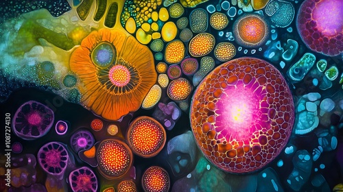 Stem cells under microscope, colorful, radiant glow, high detail, intricate cellular forms