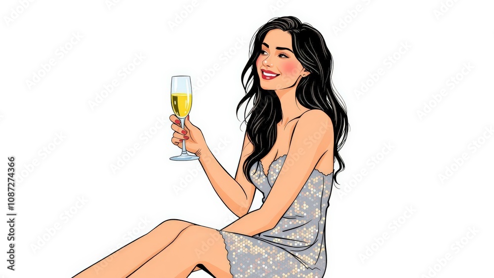 Elegant Woman Enjoying Champagne in Stylish Gray Dress - Perfect for Celebrations, Parties, and Advertising Elegant Woman Enjoying Champagne in Stylish Gray Dress - Perfect for Celebrations, Parties, and Advertising