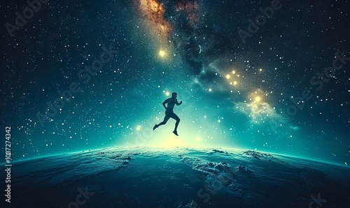 A silhouette of an athlete jumping over the Earth, representing their achievement and freedom in running or sports