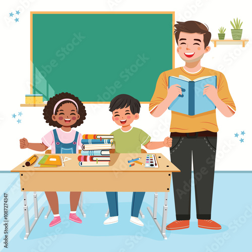 Smiling teacher man with happy international students at school desk in classroom. World Teachers' Day concept. Poster, Banner, Flyer, Greeting Card. Vector illustration in flat cartoon style