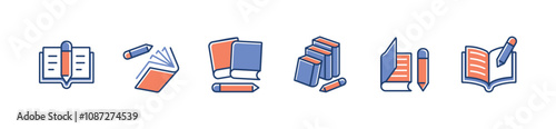 copywriter book and pencil icon set education study research writing with crayons signs vector illustration