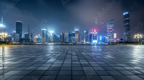 Empty square floor with city skyline background, Cityscape with a touch of surrealism, dreamlike urban scene with fantastical elements photo