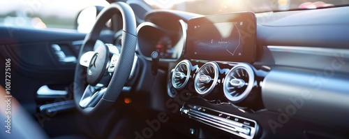 Modern car interior with elegant dashboard display setup.