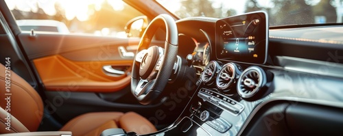 Modern car interior with elegant dashboard display setup.
