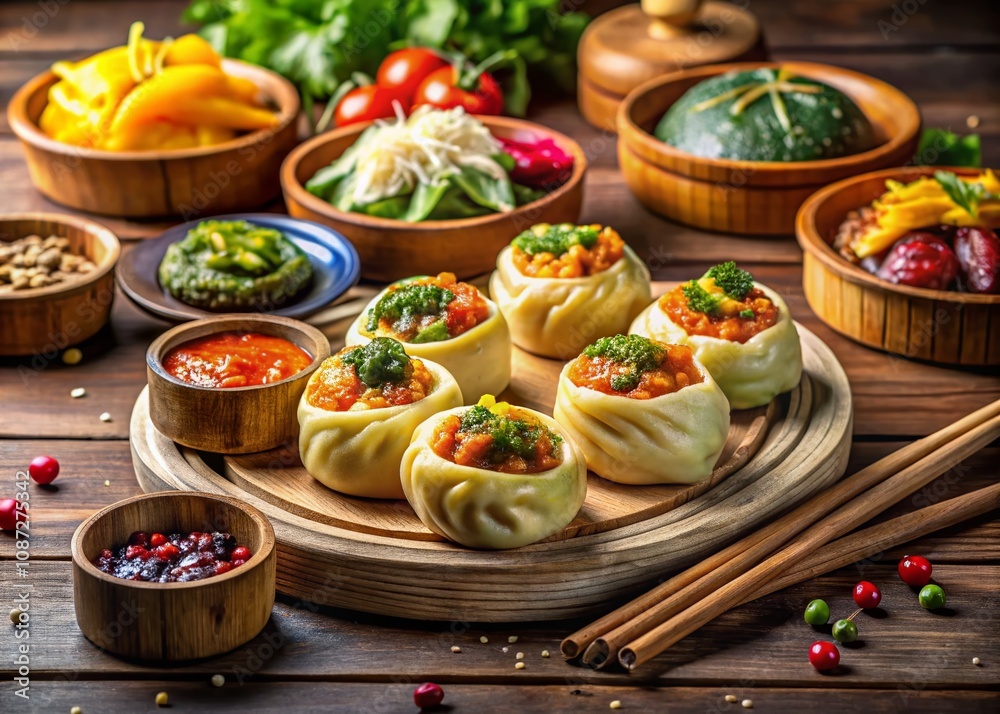 Steamed Pies Pyanse with Vegetarian Filling - A Delicious Korean Fast Food Delight Perfectly Positioned for a Mouthwatering Presentation Steamed Pies Pyanse with Vegetarian Filling - A Delicious Korean Fast Food Delight Perfectly Positioned for a Mouthwatering Presentation