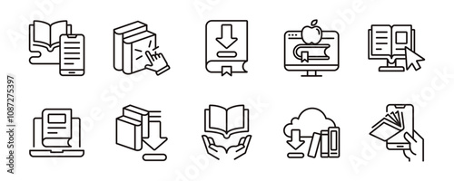 online book download icon set education digital library e-book journal literature media e-learning signs vector illustration for web and app