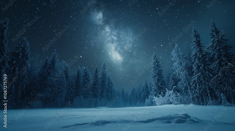 The night sky over a winter forest, with stars and the Milky Way galaxy casting a soft glow on the snow-covered ground. The night sky over a winter forest, with stars and the Milky Way galaxy casting a soft glow on the snow-covered ground.