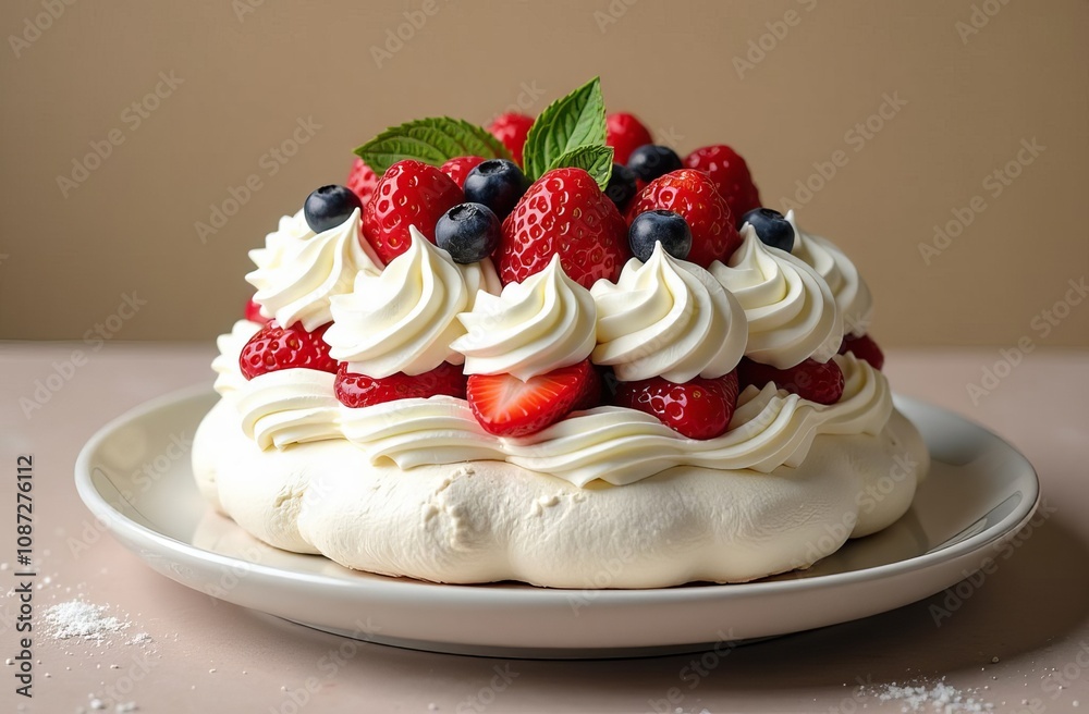 Pavlova dessert with strawberries, raspberries, blueberries and mint on a white plate. The concept of an elegant and festive treat on a beige background. Pavlova dessert with strawberries, raspberries, blueberries and mint on a white plate. The concept of an elegant and festive treat on a beige background.