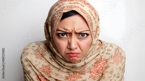 A Woman Wearing a Floral Patterned Headscarf Looks Directly at the Camera with a Frowning Expression, Creating a Portrait of Discontent and Frustration photo