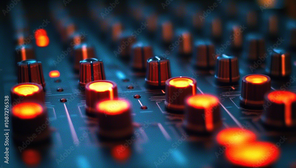 Fototapeta premium Illuminated Audio Mixer Controls: A Close-Up