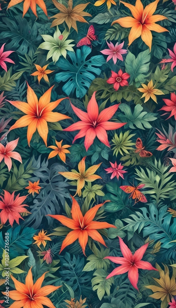 Tropical exotic pattern with animal and flowers in bright colors and lush vegetation Tropical exotic pattern with animal and flowers in bright colors and lush vegetation