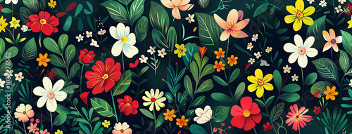 Bright and Colorful Floral Pattern with Various Flowers and Lush Green Leaves on a Dark Background, Ideal for Nature and Design Themes