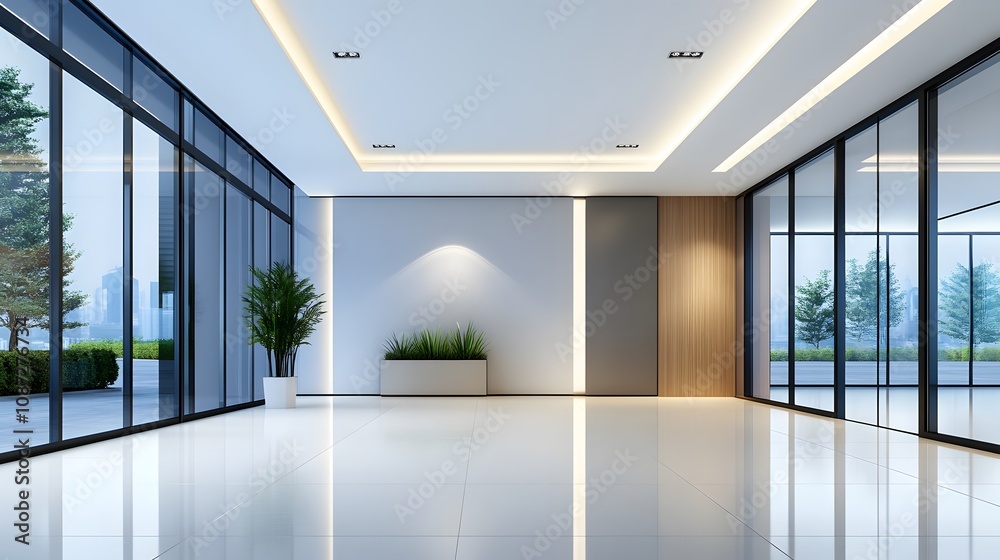 Futuristic business hall with clean lines, reflective surfaces, and a bright open design Futuristic business hall with clean lines, reflective surfaces, and a bright open design