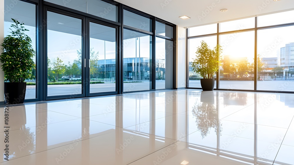 Fototapeta premium Futuristic business hall with clean lines, reflective surfaces, and a bright open design
