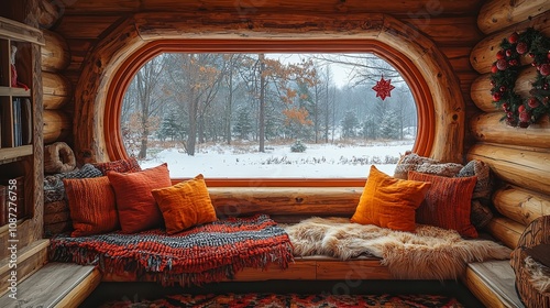 Cozy cabin interior with a scenic winter view and warm textiles photo