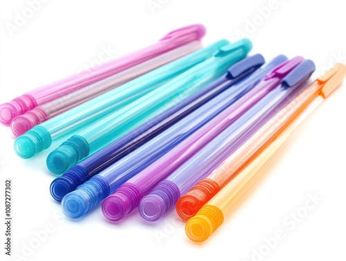 A collection of colorful gel pens arranged in a row, ideal for writing and drawing.